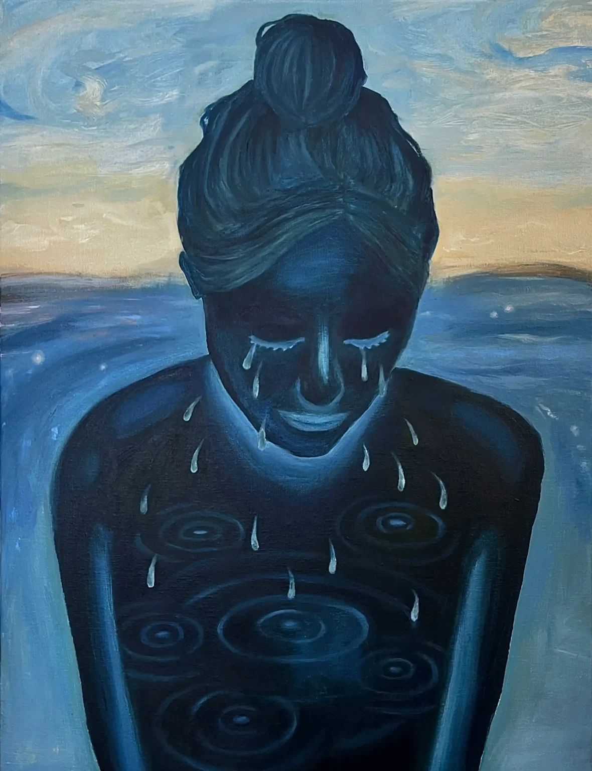 Dark figure with raindrop patterns and ocean background