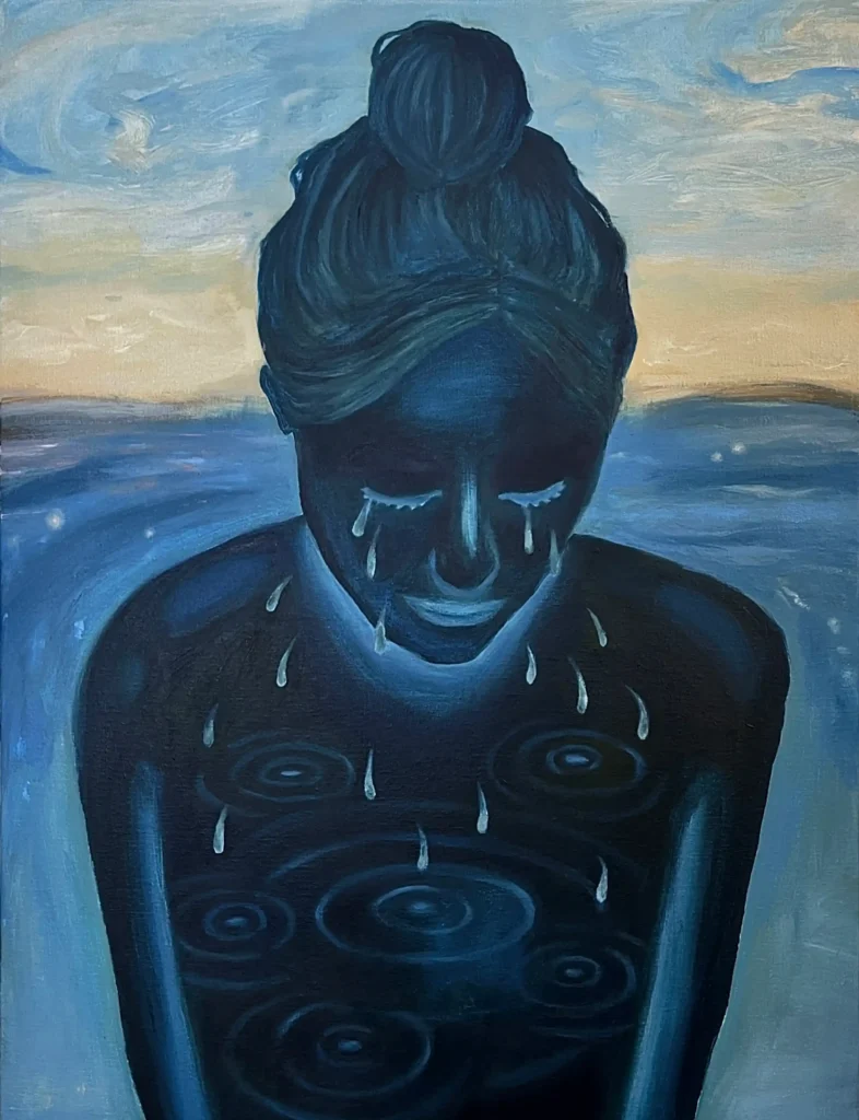 Dark figure with raindrop patterns and ocean background