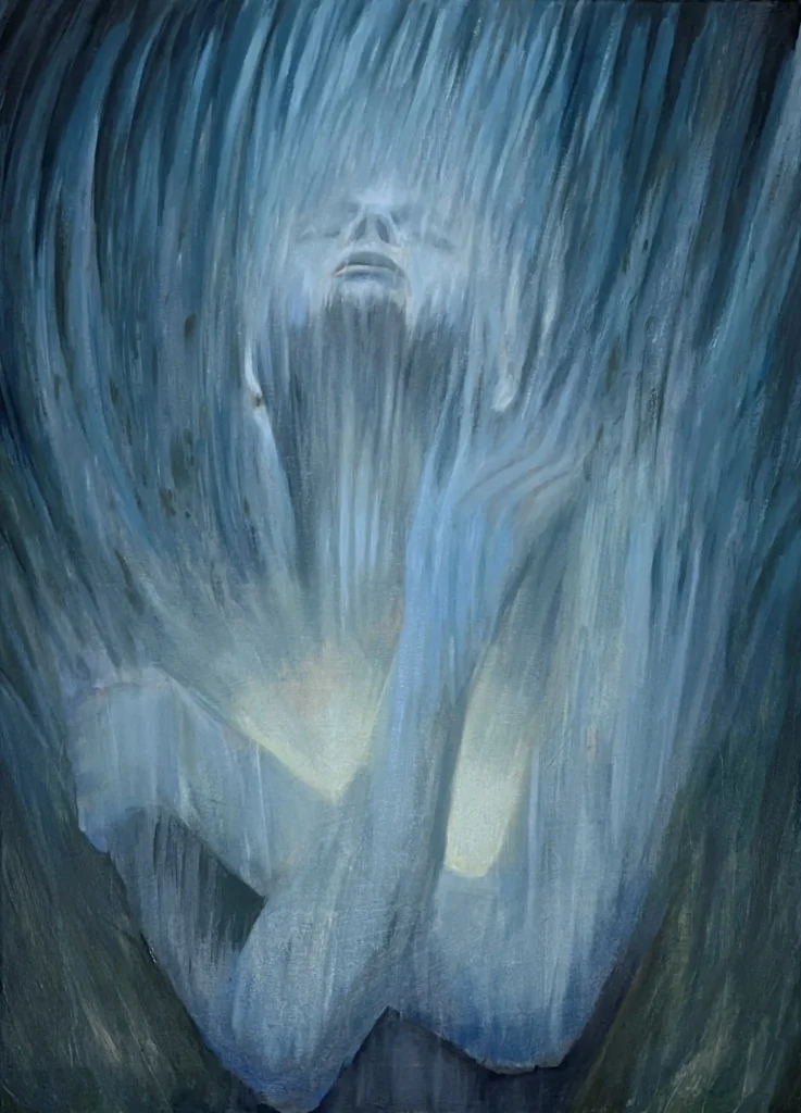 Blue-toned figure dissolving into vertical strokes