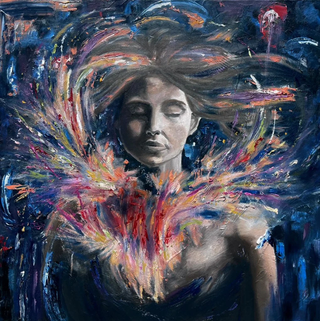 Portrait with eyes closed and fiery abstract bursts