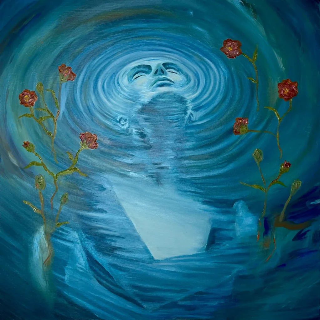 Submerged face in swirling blue water