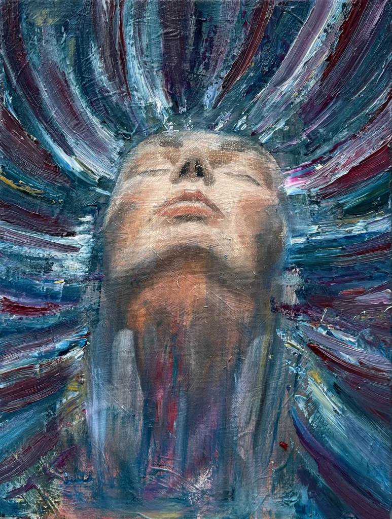 Face emerging with radiant lines